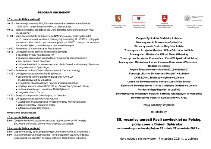 85. rocznica agresji sowieckiej na Polskę - PROGRAM OBCHODÓW