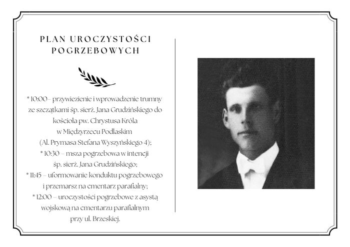 Informacja o uroczystościach pogrzebowych śp. sierż. Jana Grudzińskiego ps. "Parol", "Płomień"