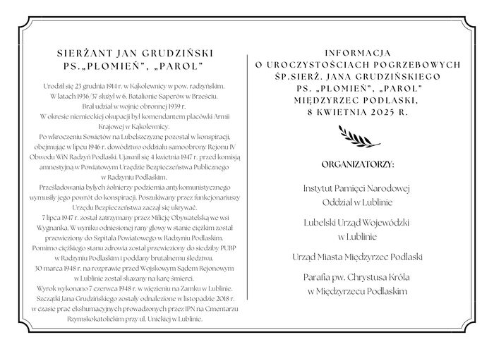 Informacja o uroczystościach pogrzebowych śp. sierż. Jana Grudzińskiego ps. "Parol", "Płomień"