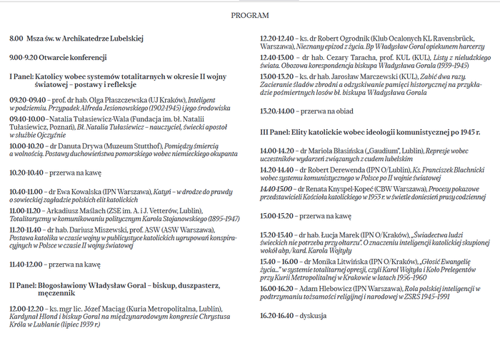 Zapraszamy na ogólnopolską konferencję naukową „Katolickie elity wobec systemów totalitarnych (1939–1989). W 80. rocznicę męczeńskiej śmierci błogosławionego biskupa Władysława Gorala” – Lublin, 23 kwietnia 2025