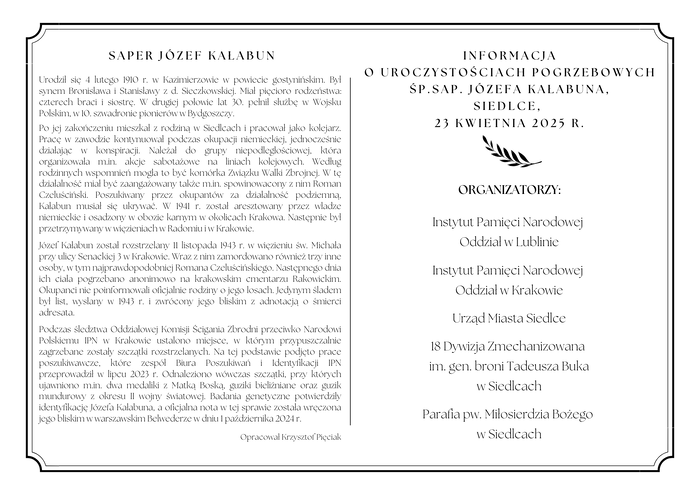 Uroczystości pogrzebowe śp. sapera Józefa Kałabuna – Siedlce, 23 kwietnia 2025 r.