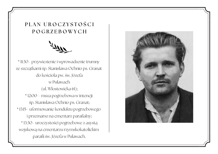 Zaproszenie na uroczystości pogrzebowe śp. Stanisława Ochnio ps. „Granat” - Puławy, 7 maja 2025 r.
