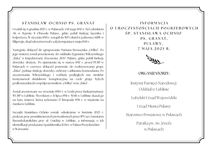 Zaproszenie na uroczystości pogrzebowe śp. Stanisława Ochnio ps. „Granat” - Puławy, 7 maja 2025 r.