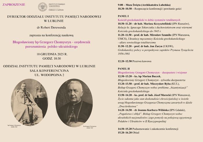 Zapraszamy na ogólnopolską konferencję naukową pt. „Błogosławiony bp Grzegorz Chomyszyn – orędownik porozumienia polsko-ukraińskiego” - Lublin, 10 grudnia 2025 r.