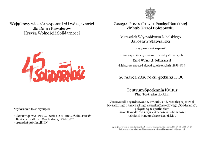 Uroczystość wręczenia Krzyży Wolności i Solidarności - Lublin, 26 marca 2026
