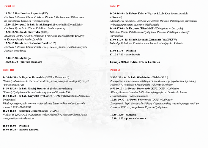 Program konferencji naukowej „Obchody Milenium Chrztu Polski w aspekcie regionalnym i ogólnopolskim”