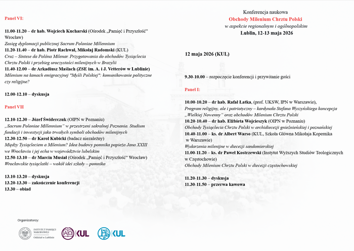 Program konferencji naukowej „Obchody Milenium Chrztu Polski w aspekcie regionalnym i ogólnopolskim”