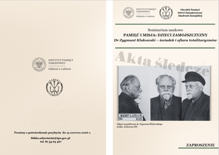 Zaproszenie na seminarium naukowe „Pamięć i misja: Dzieci Zamojszczyzny. Dr Zygmunt Klukowski – świadek i ofiara totalitaryzmów”