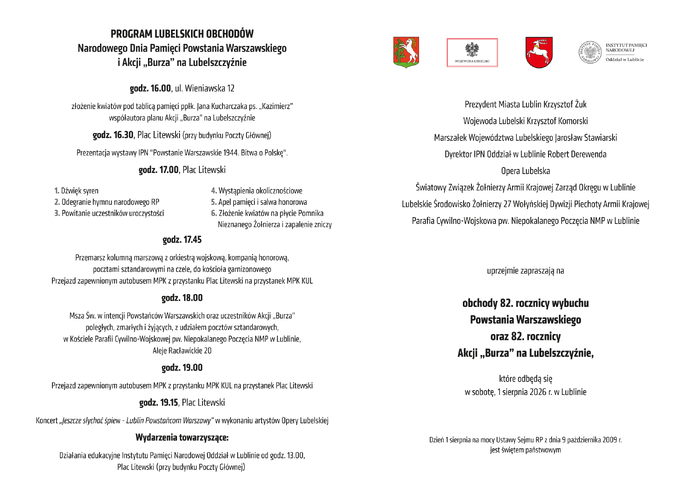 Powstanie Warszawskie i Akcja Burza na Lubelszczyźnie - Zaproszenie 1 VIII 2026 r.