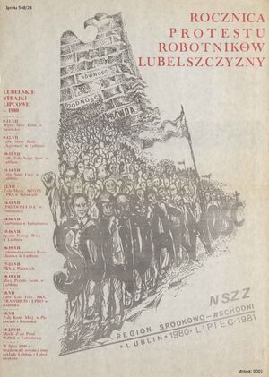 Plakat NSZZ Regionu Środkowo-Wschodniego wydany w rocznicę protestów robotników Lubelszczyzny w lipcu 1980 r. Dar prywatny: Zdzisław Zabielski