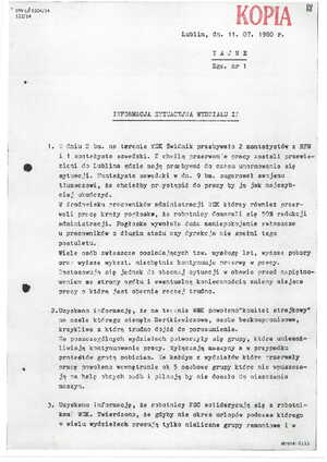 sygn. IPN Lu 0204-14 Informacje dzienne Wydz. II KWMO w Lublinie z 09.07.1980