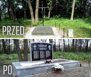 Zdjęcie przedstawia mogiłę przed i po wykonanych pracach. Fot. IPN Lublin i wykonawca prac