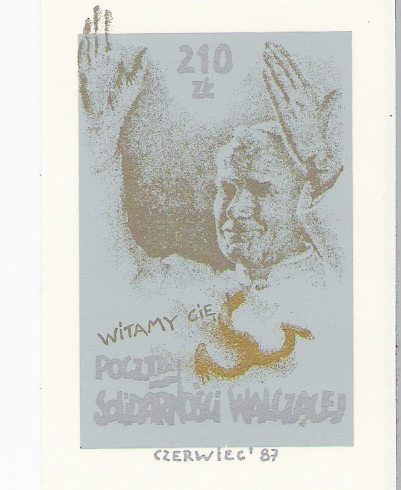 Znaczki wydane z okazji III Pielgrzymki Jana Pawła do Polski przez "Solidarność Walczącą", projekt i druk Jacek Jaśkiewicz z Wrocławia.